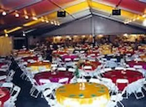 Formal dining tables and padded chairs setup for galas in The Woodlands